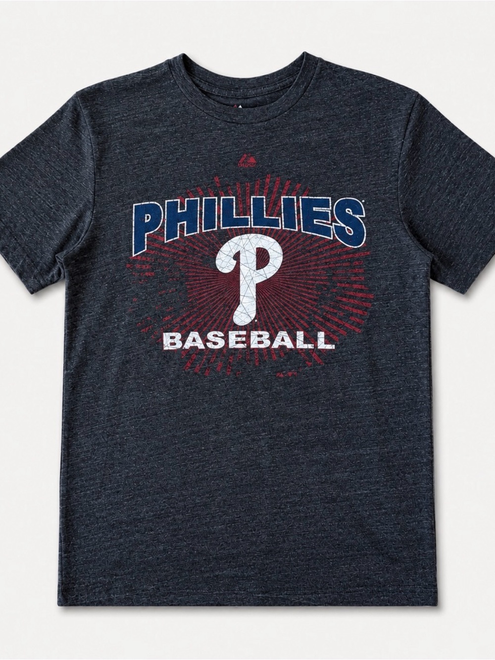 Majestic Phillies Baseball Tee in Navy Heather with Red and White Logo